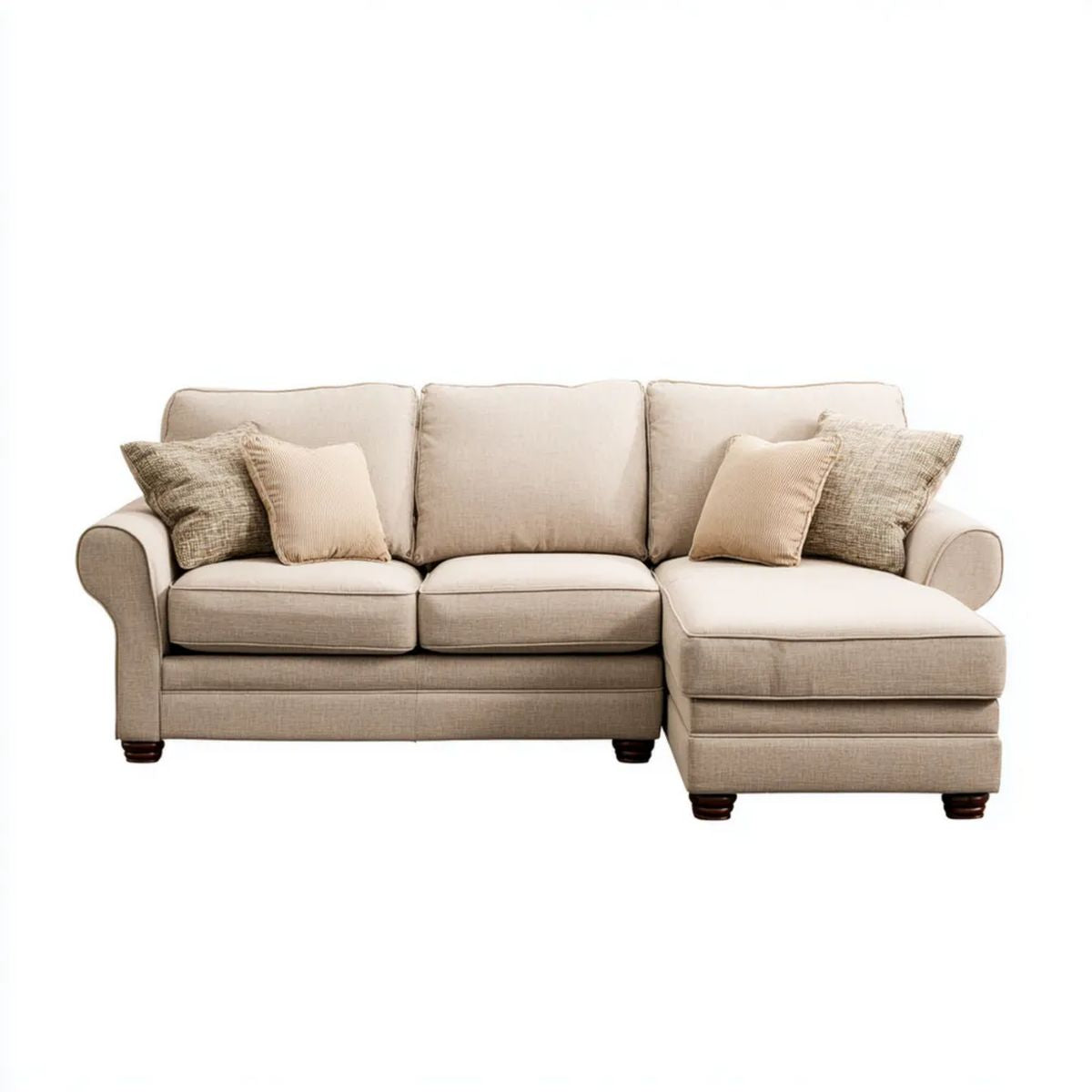 Beżowa sofa narożna z prawostronnym szezlongiem z tkaniny poliestrowej, 250 × 160 × 90 cm