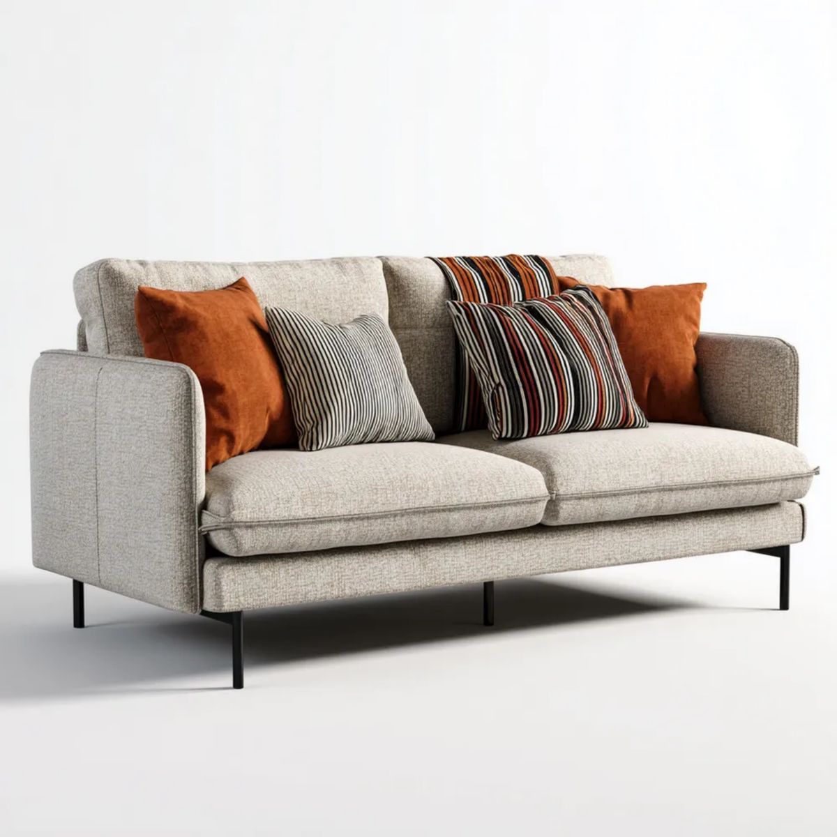 Dwuosobowa sofa szara z tapicerką poliestrową, czarnymi metalowymi nóżkami i poduszkami, 190 x 90 x 85 cm